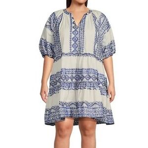 Calessa Dress Womens 2X Embroidered Tiered Blue White Cotton V Neck Puff Sleeve